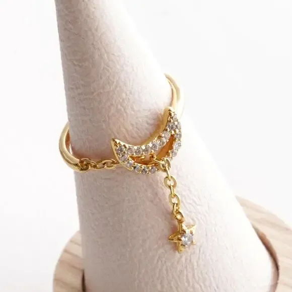 Anthropologie Embellished Crescent Moon Star Chain Ring - Picture 1 of 3